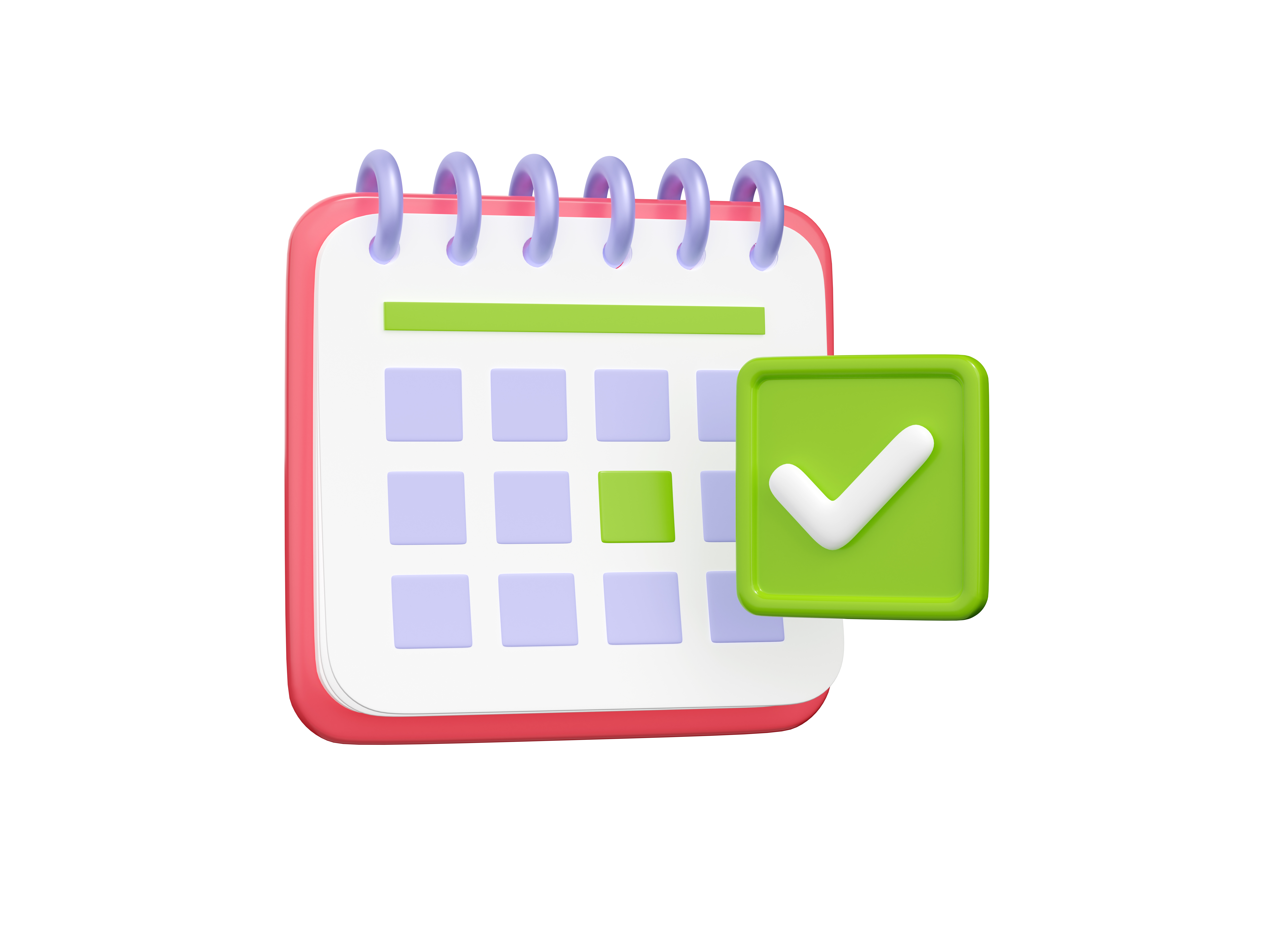 3D render of calendar page with green tick icon